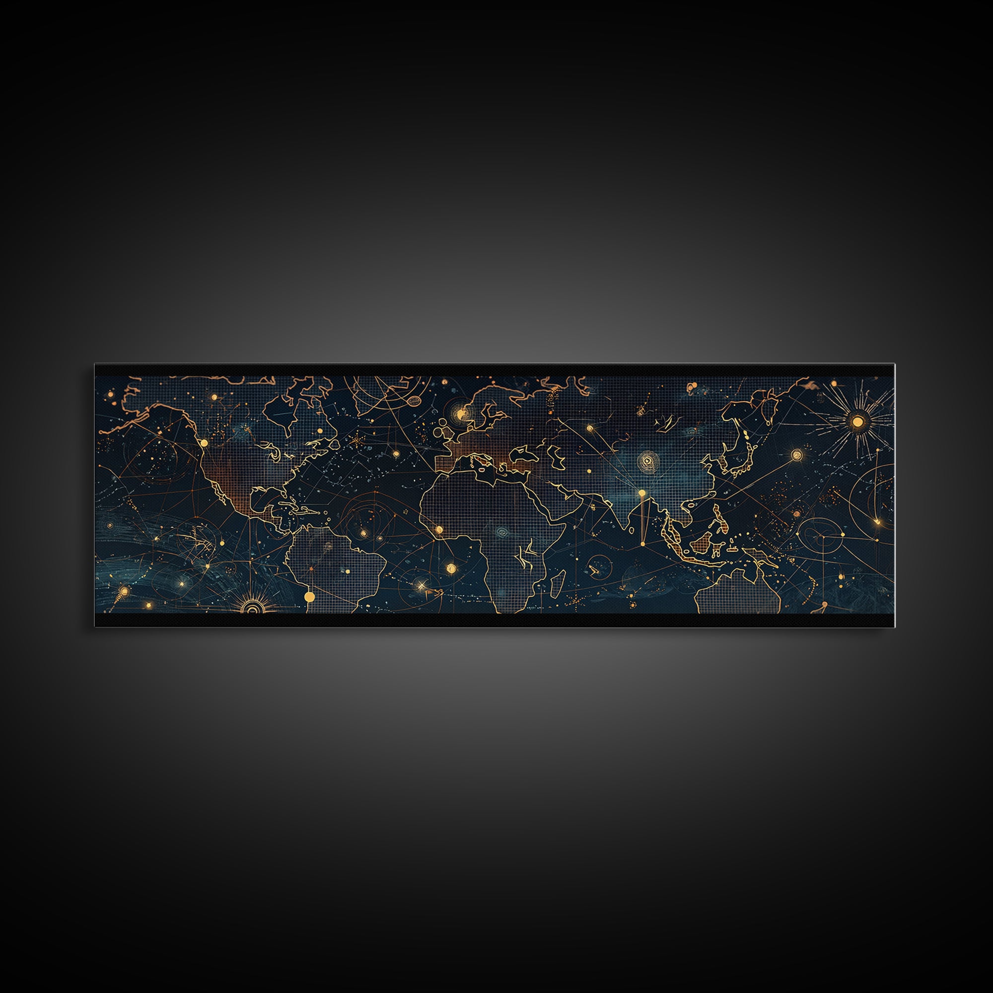Dark Celestial World Map Wall Art, Gold Constellation Canvas Print, Modern Office Decor, Abstract Travel Home Decor, Housewarming Gift