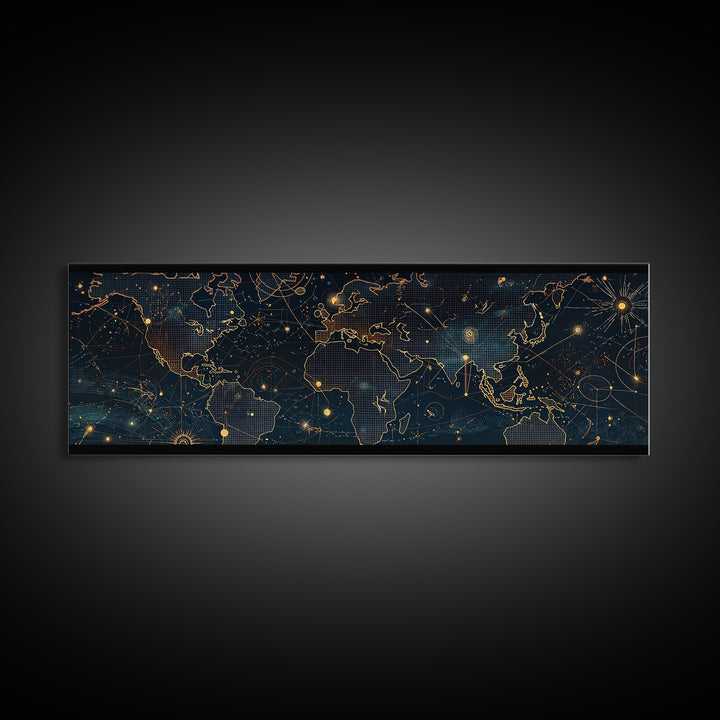 Dark Celestial World Map Wall Art, Gold Constellation Canvas Print, Modern Office Decor, Abstract Travel Home Decor, Housewarming Gift