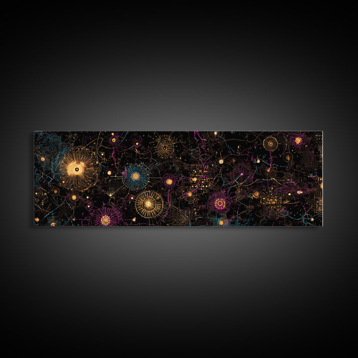 Gold And Magenta Galaxy Constellation Wall Art, Celestial Canvas Print, Modern Black Art, Vibrant Wall Decor, Mystical Art