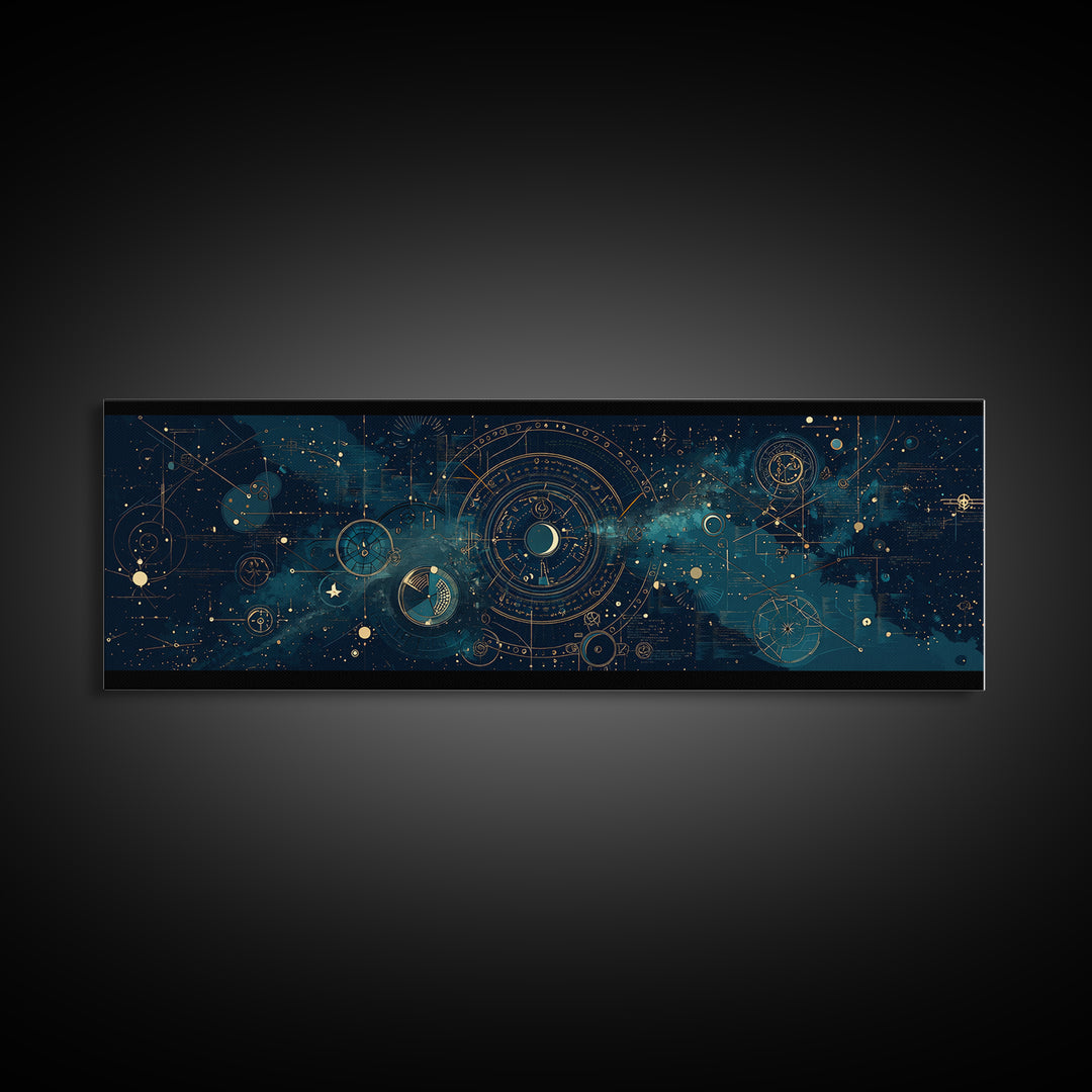 Teal Galactic Blueprint Astrolabe Framed Canvas Print, Geometric Wall Art, Modern Canvas Art, Celestial Office Decor, Unique Home Decor