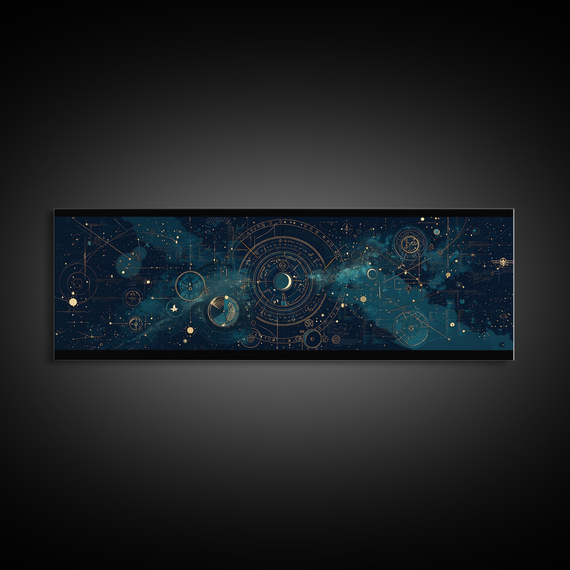 Teal Galactic Blueprint Astrolabe Framed Canvas Print, Geometric Wall Art, Modern Canvas Art, Celestial Office Decor, Unique Home Decor