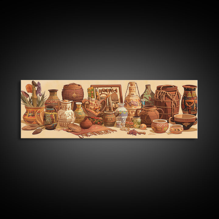 African Pottery Baskets And Drums Canvas Print, African Art Decor, Tribal Wall Art, Earth Tone Wall Decor, Cultural Art Print