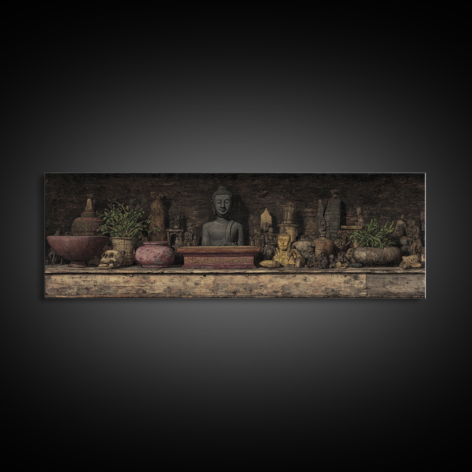 Buddha Shrine Shelf With Plants And Artifacts Wall Art, African Inspired Boho Decor, Rustic Spiritual Living Room Canvas