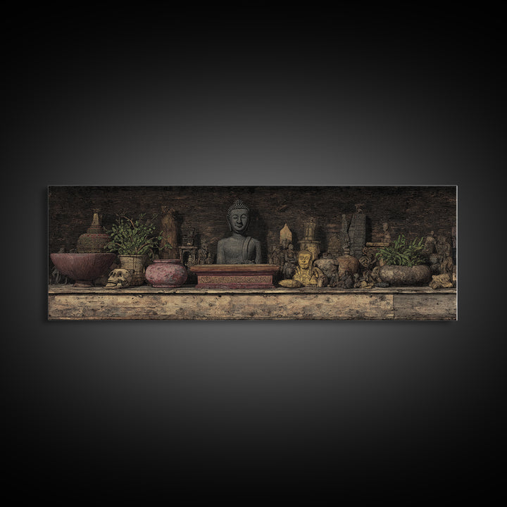 Buddha Shrine Shelf With Plants And Artifacts Wall Art, African Inspired Boho Decor, Rustic Spiritual Living Room Canvas
