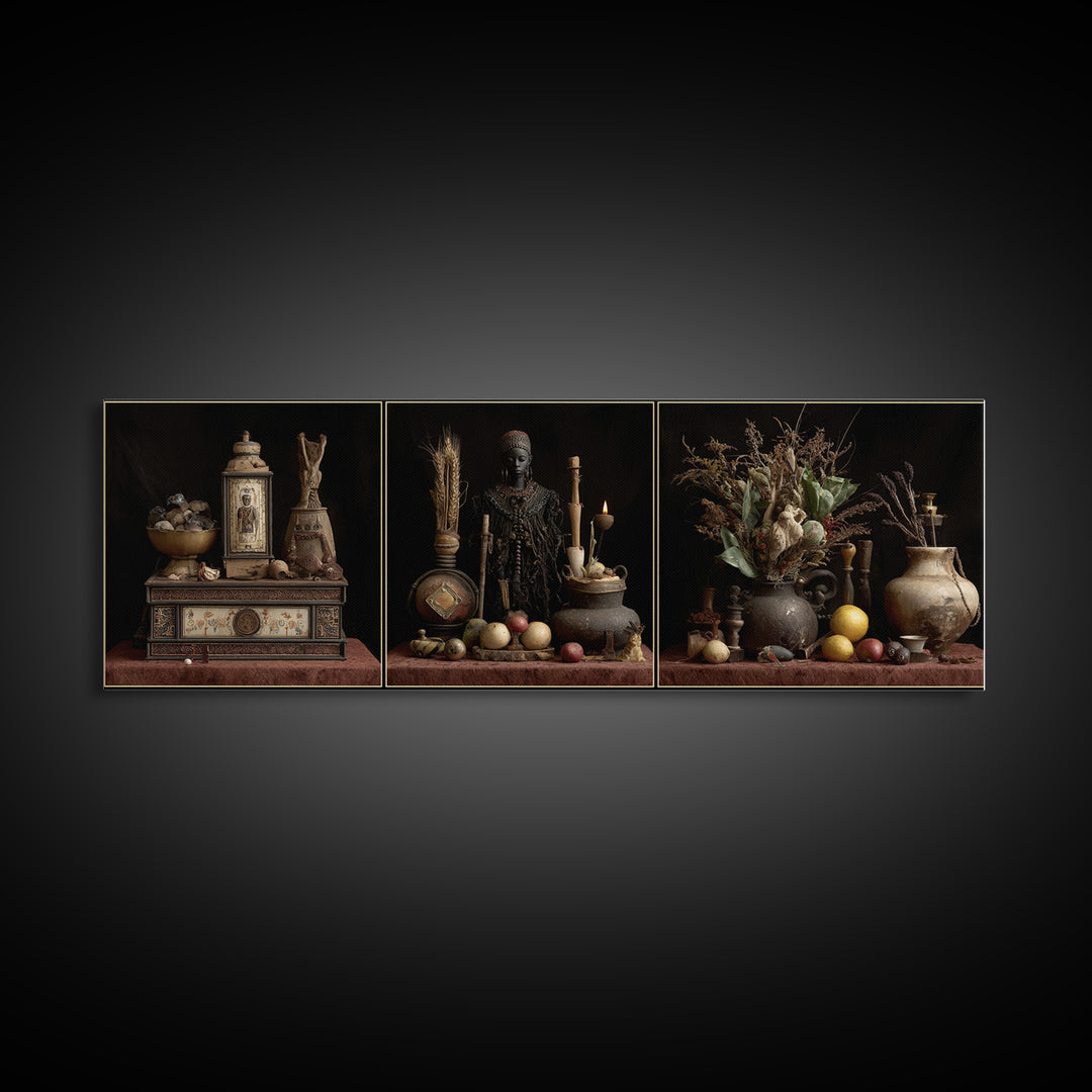 African Statue Still Life Triptych Canvas Print, Tribal Art Decor, Rustic Vessels Fruit And Botanicals, Elegant Home Decor