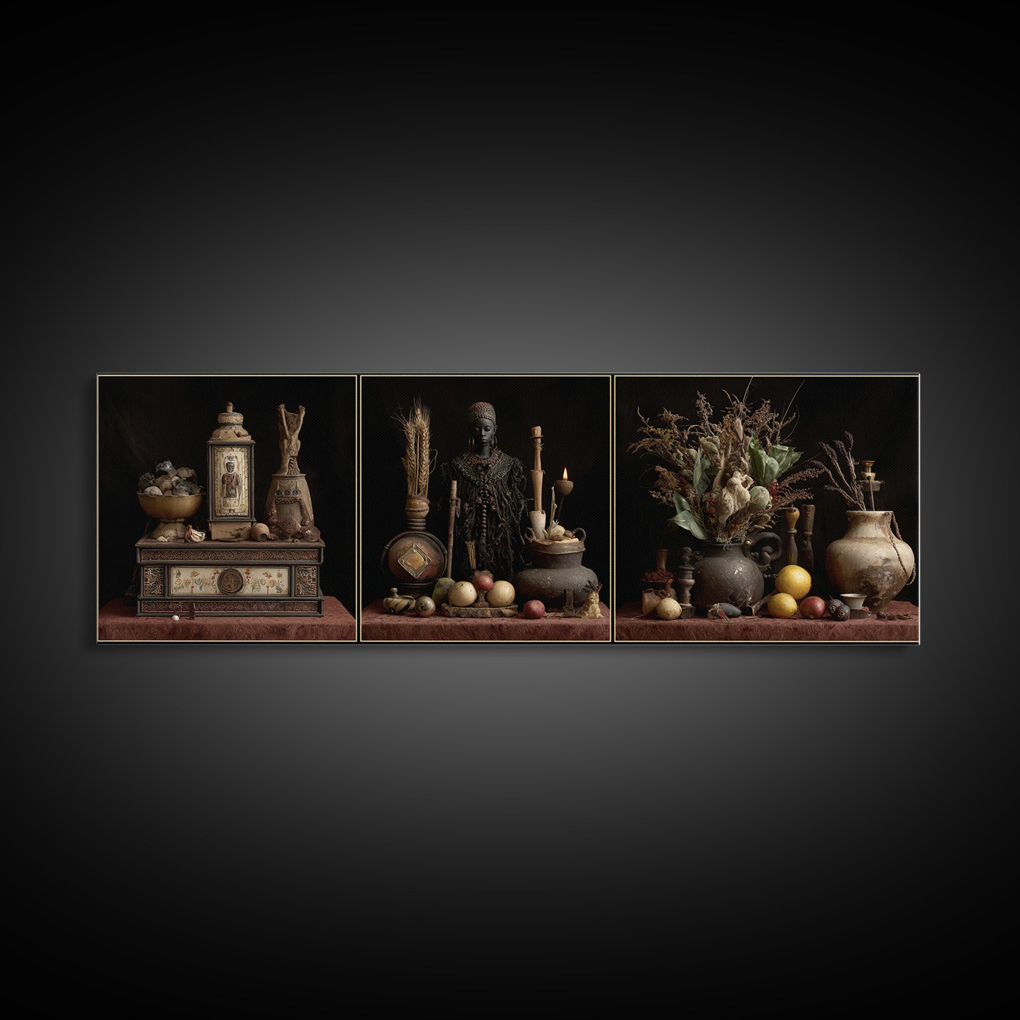 African Statue Still Life Triptych Canvas Print, Tribal Art Decor, Rustic Vessels Fruit And Botanicals, Elegant Home Decor