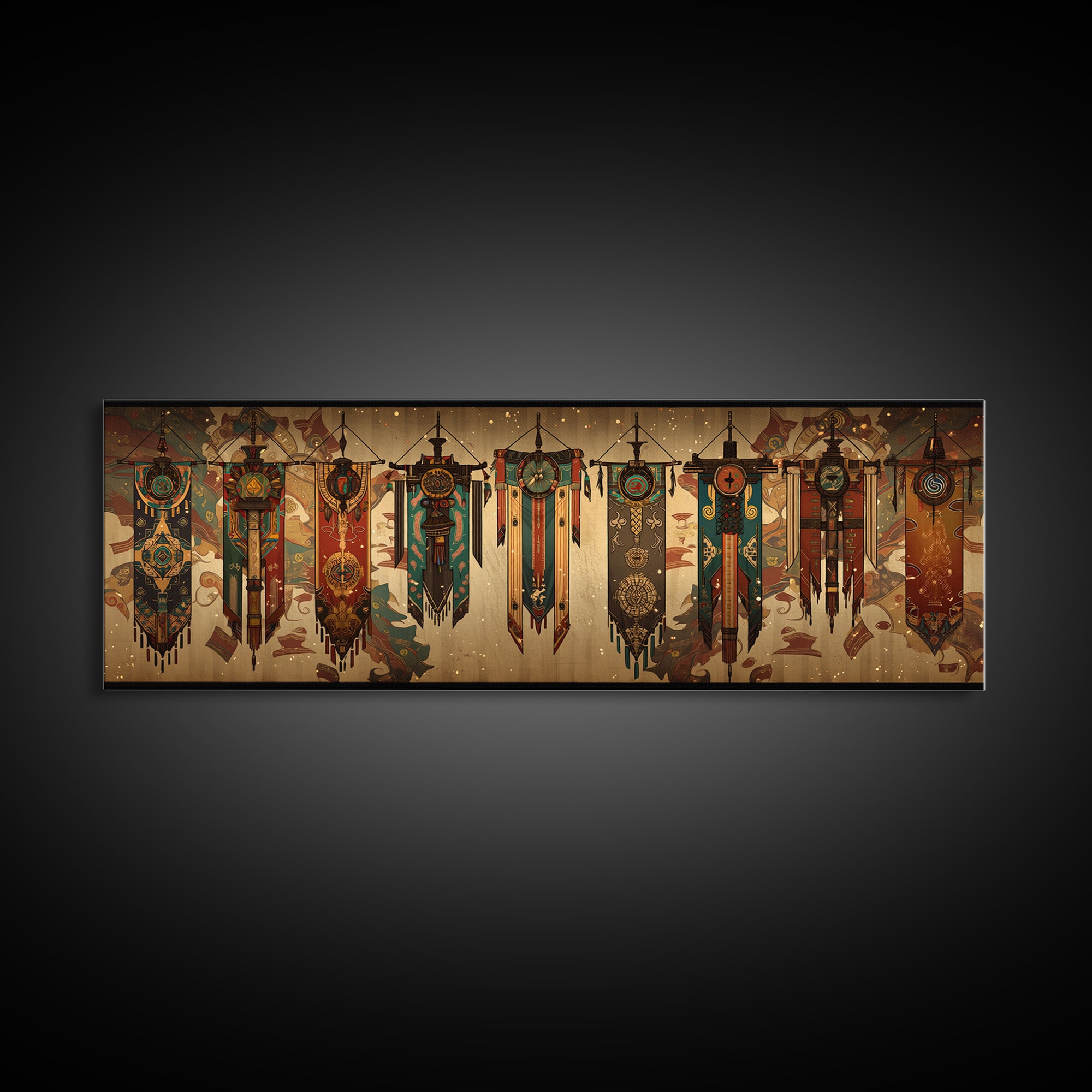 African Tribal Hanging Banners With Symbols Framed Canvas Print, Ethnic Wall Decor, Boho Patterns, Cultural Home Decor For Living Room