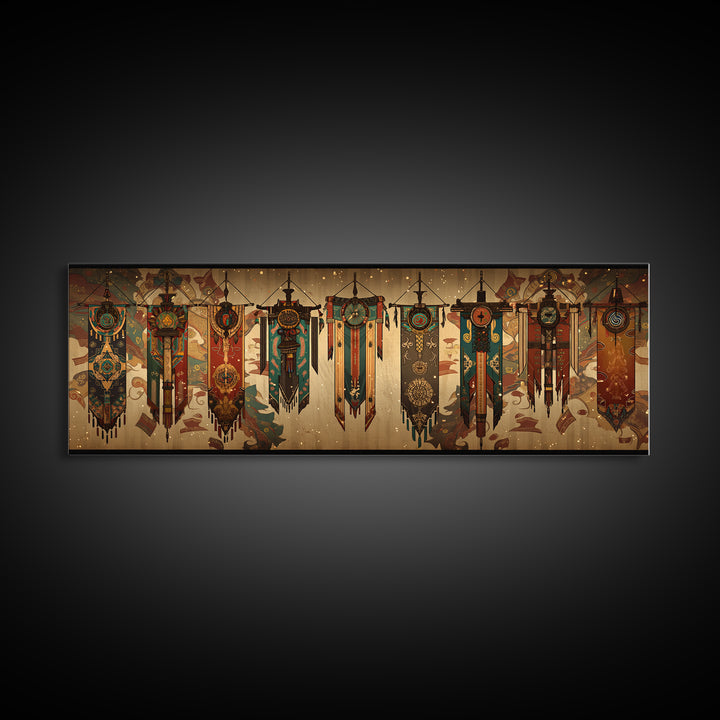 African Tribal Hanging Banners With Symbols Framed Canvas Print, Ethnic Wall Decor, Boho Patterns, Cultural Home Decor For Living Room