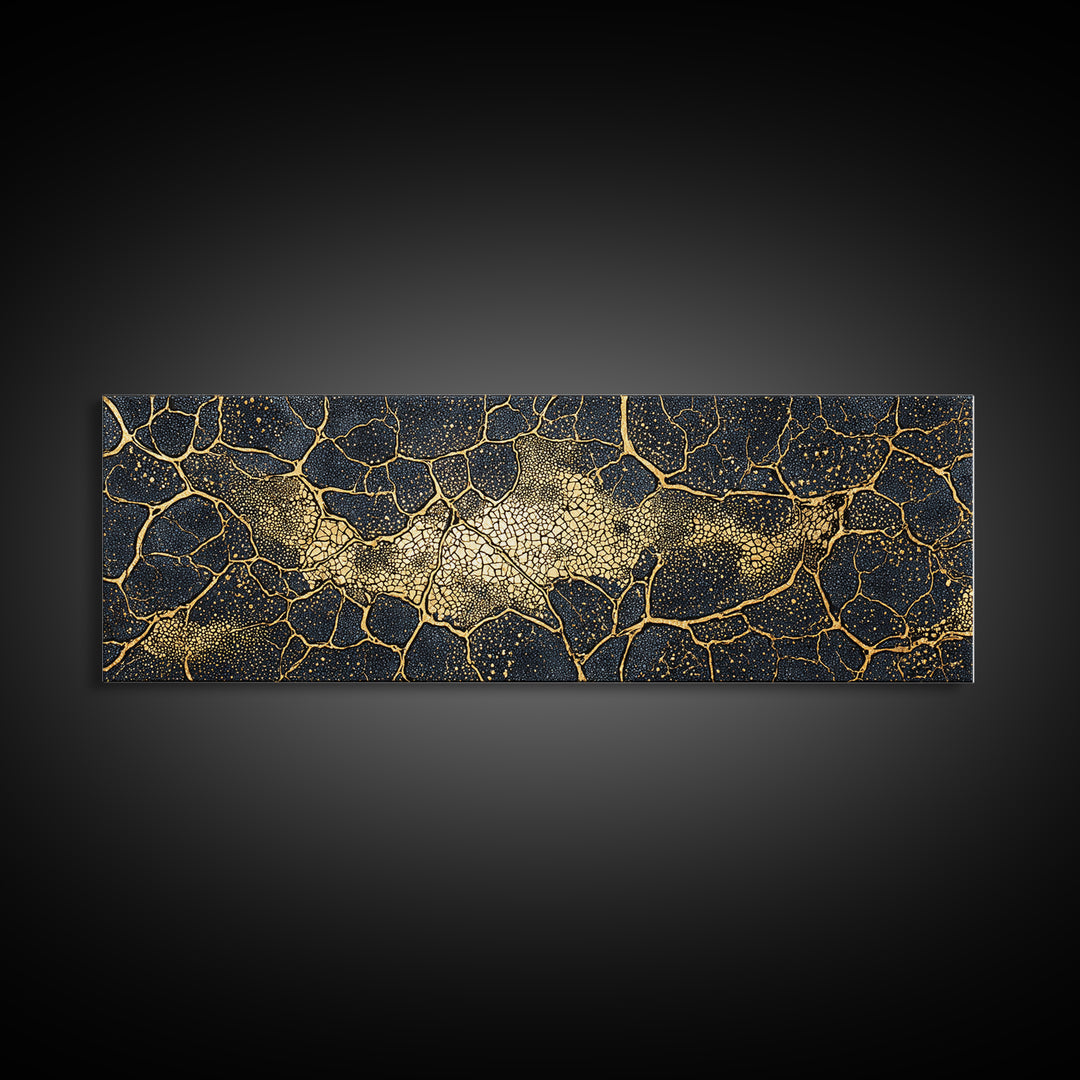 Black And Gold Cellular Cracked Abstract Wall Art, Luxury Canvas Print, Modern Organic Pattern, Bold Home Decor Statement Piece