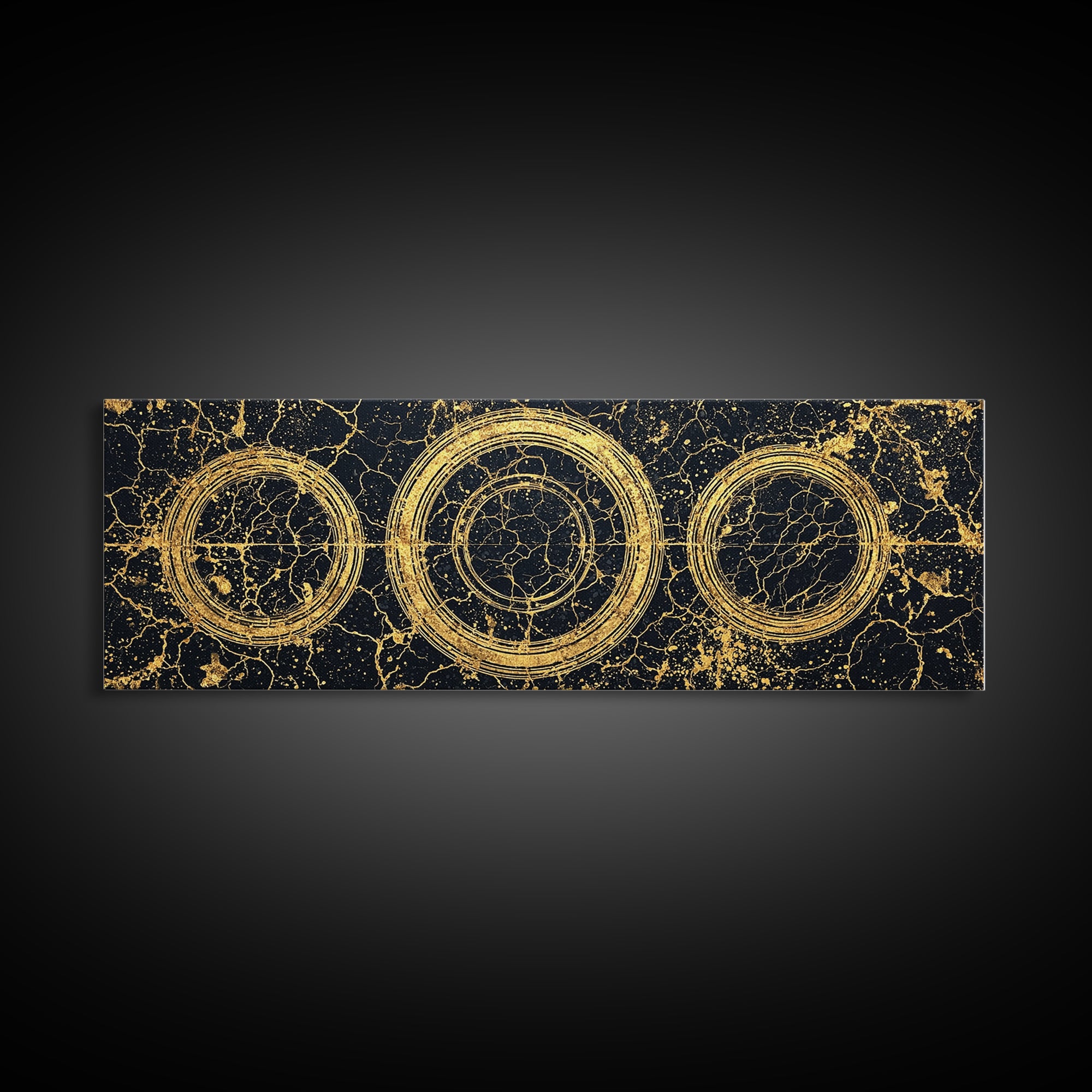 Gold Concentric Circles On Black Cracked Stone Wall Art, Geometric Canvas Print, Modern Luxury Decor, Abstract Pattern Art