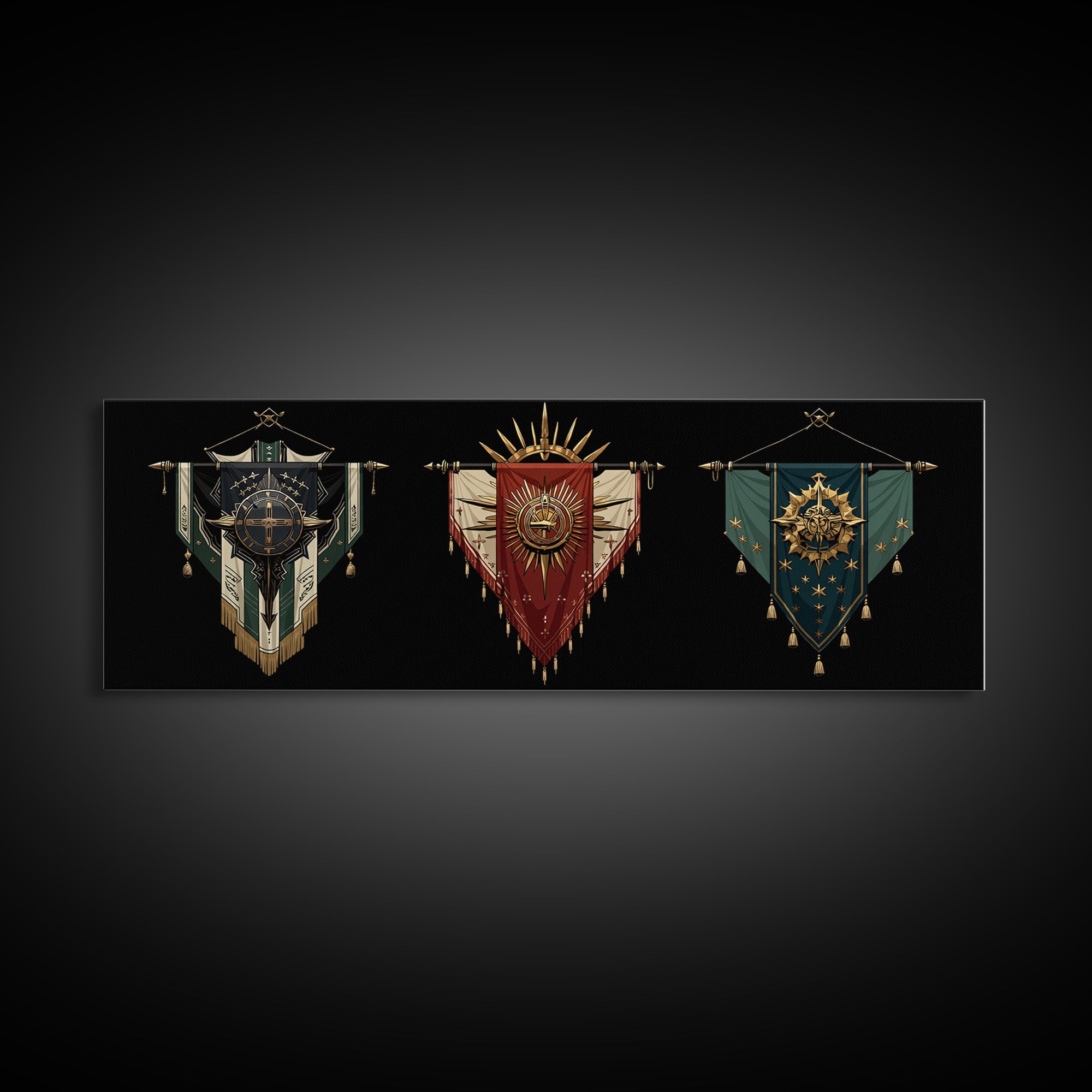 Ornate African Tribal Banners Wall Art, Gold Teal Shield Canvas, Afrocentric Decor, Modern African Art Print Gift For Home Decor