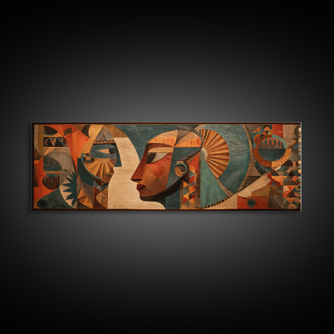 Cubist African Woman Profile Wall Art, Earth Tone Tribal Portrait, Abstract African Art Decor, Panoramic Canvas Print Gift