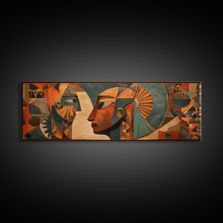 Cubist African Woman Profile Wall Art, Earth Tone Tribal Portrait, Abstract African Art Decor, Panoramic Canvas Print Gift