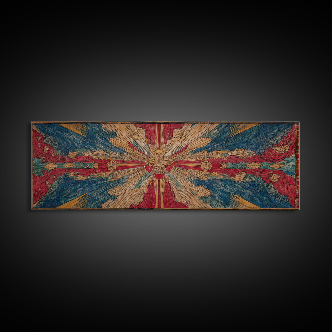 Radiant Dove Cross Abstract Wall Art, Red Blue Spiritual Canvas Print, Contemporary African Inspired Decor, Statement Gift