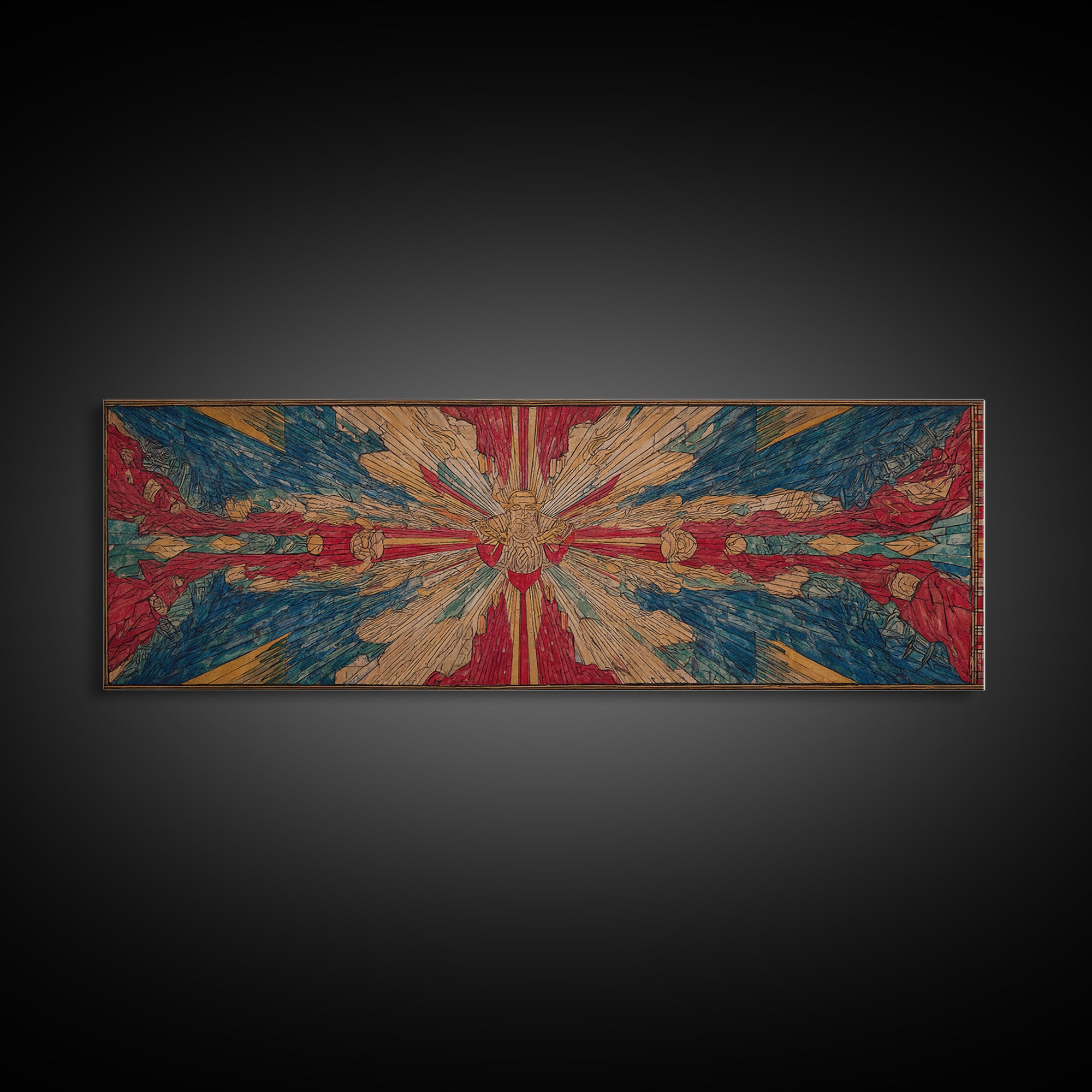 Radiant Dove Cross Abstract Wall Art, Red Blue Spiritual Canvas Print, Contemporary African Inspired Decor, Statement Gift