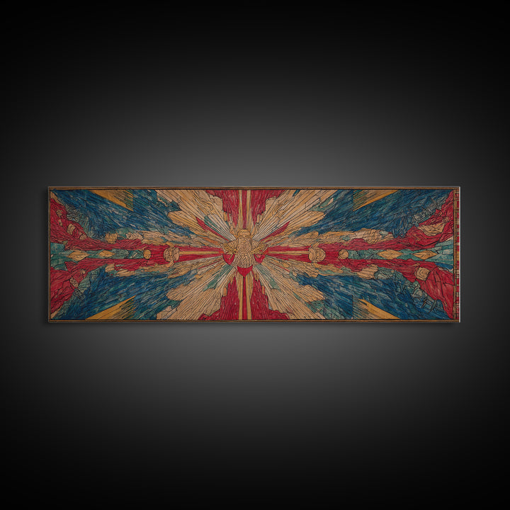 Radiant Dove Cross Abstract Wall Art, Red Blue Spiritual Canvas Print, Contemporary African Inspired Decor, Statement Gift
