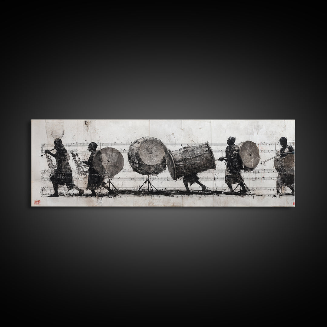 Monochrome African Drummers Wall Art, Tribal Music Procession Canvas Print, Cultural Black Art For Home Office Decor Gift