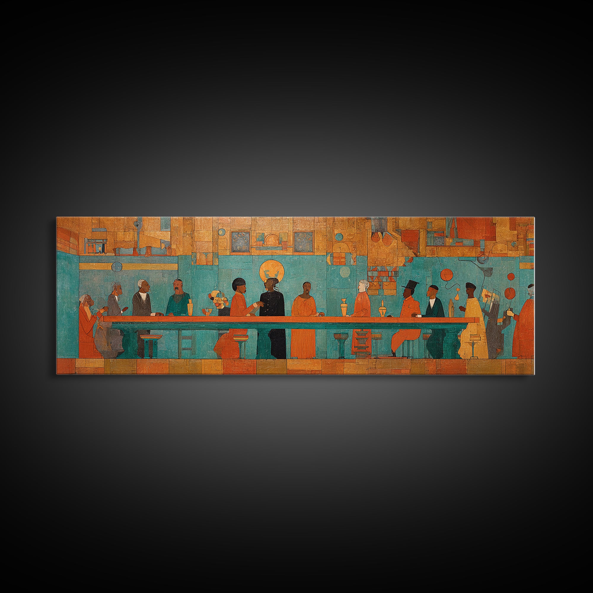 Turquoise Orange Social Gathering Wall Art, African Lounge Scene Canvas Print, Modern Afrocentric Decor For Home And Office