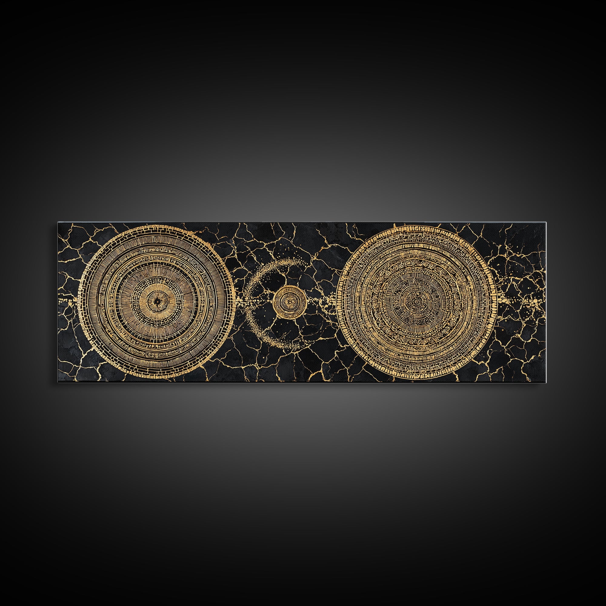 Gold Celestial Mandala Circles On Black Stone Wall Art, Abstract Wall Art, Luxury Canvas Print, Modern Home Decor, Statement Wall Decor