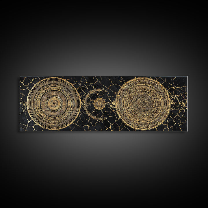 Gold Celestial Mandala Circles On Black Stone Wall Art, Abstract Wall Art, Luxury Canvas Print, Modern Home Decor, Statement Wall Decor