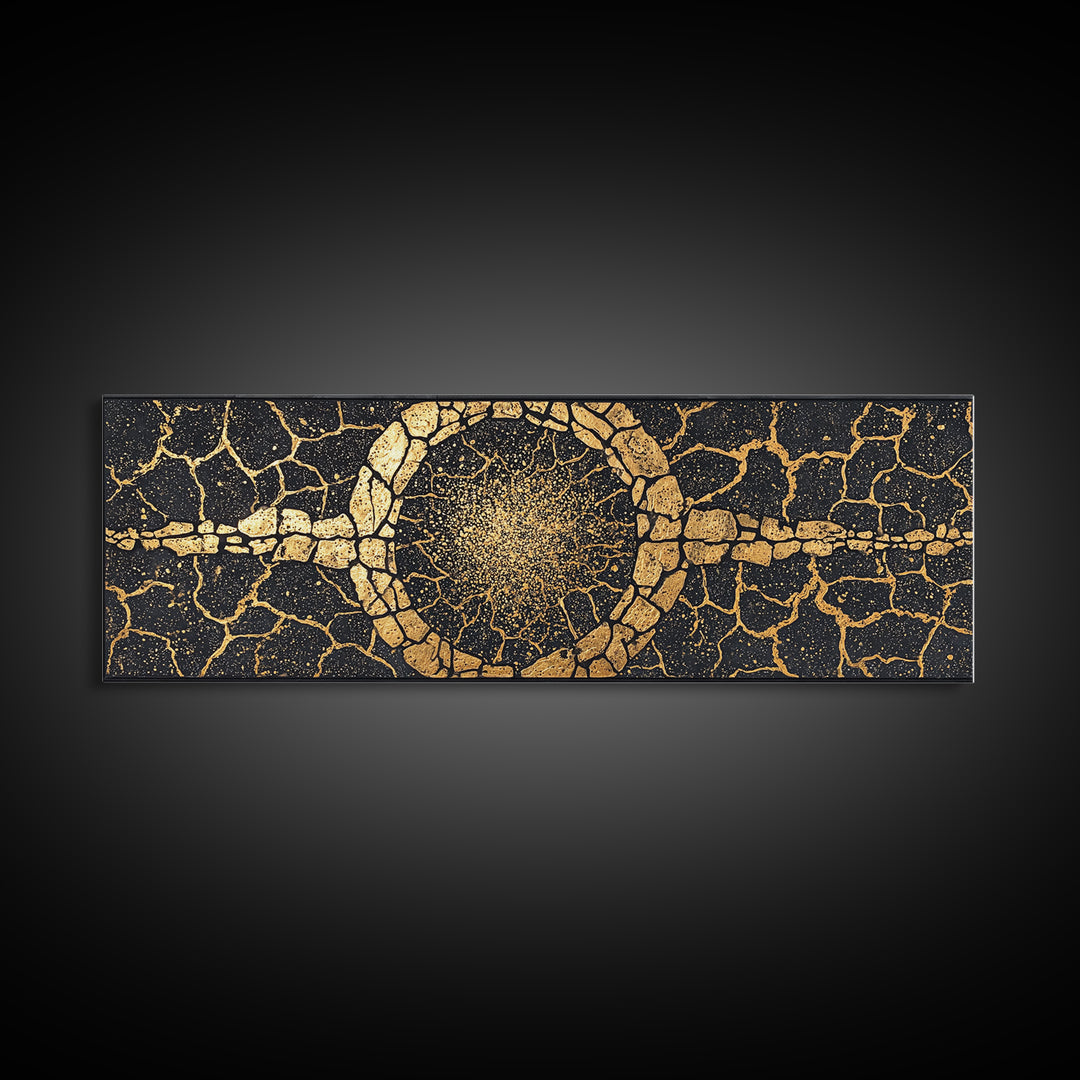 Gold Cracked Stone Circle With Cosmic Spark Wall Art, Abstract Black Art Canvas Print, Textured Modern Wall Decor, Statement Decor
