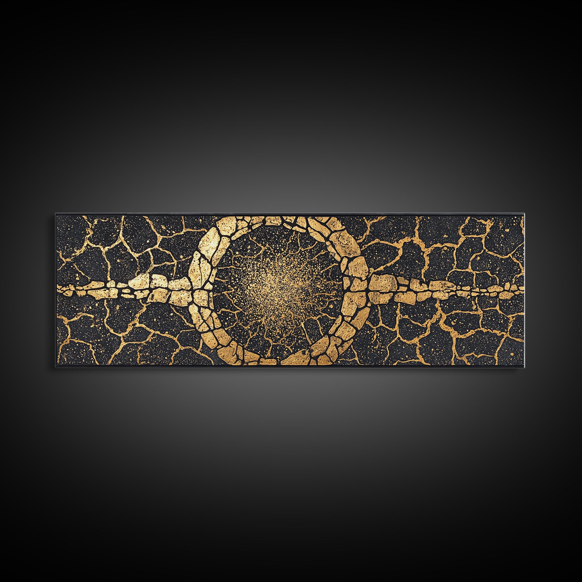Gold Cracked Stone Circle With Cosmic Spark Wall Art, Abstract Black Art Canvas Print, Textured Modern Wall Decor, Statement Decor