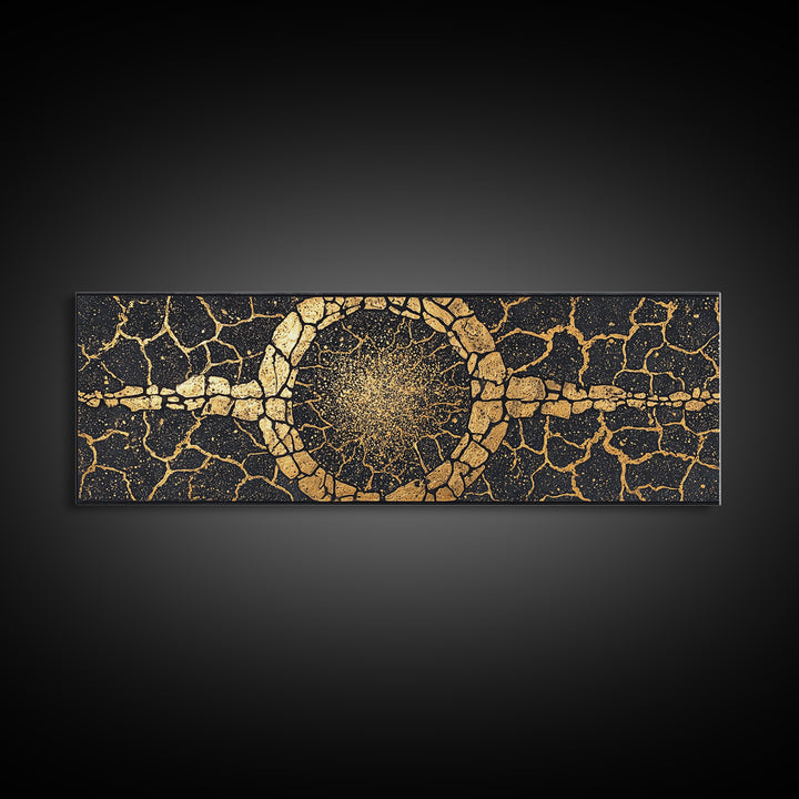 Gold Cracked Stone Circle With Cosmic Spark Wall Art, Abstract Black Art Canvas Print, Textured Modern Wall Decor, Statement Decor
