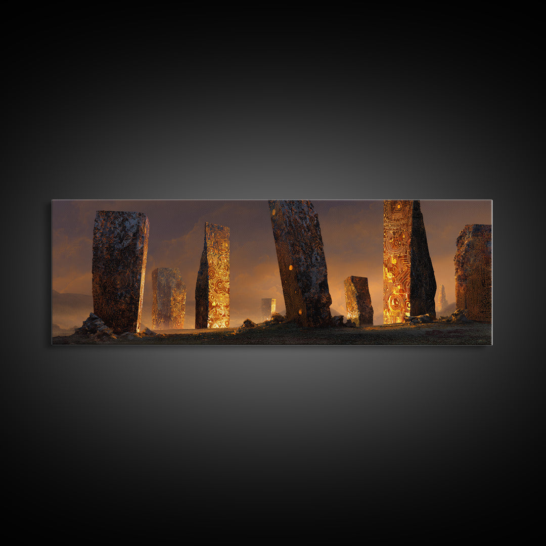 Glowing Ancient Monoliths In Desert Sunset Framed Canvas Print, Mystical Wall Art, Fantasy Ruins Decor, Large Wall Decor