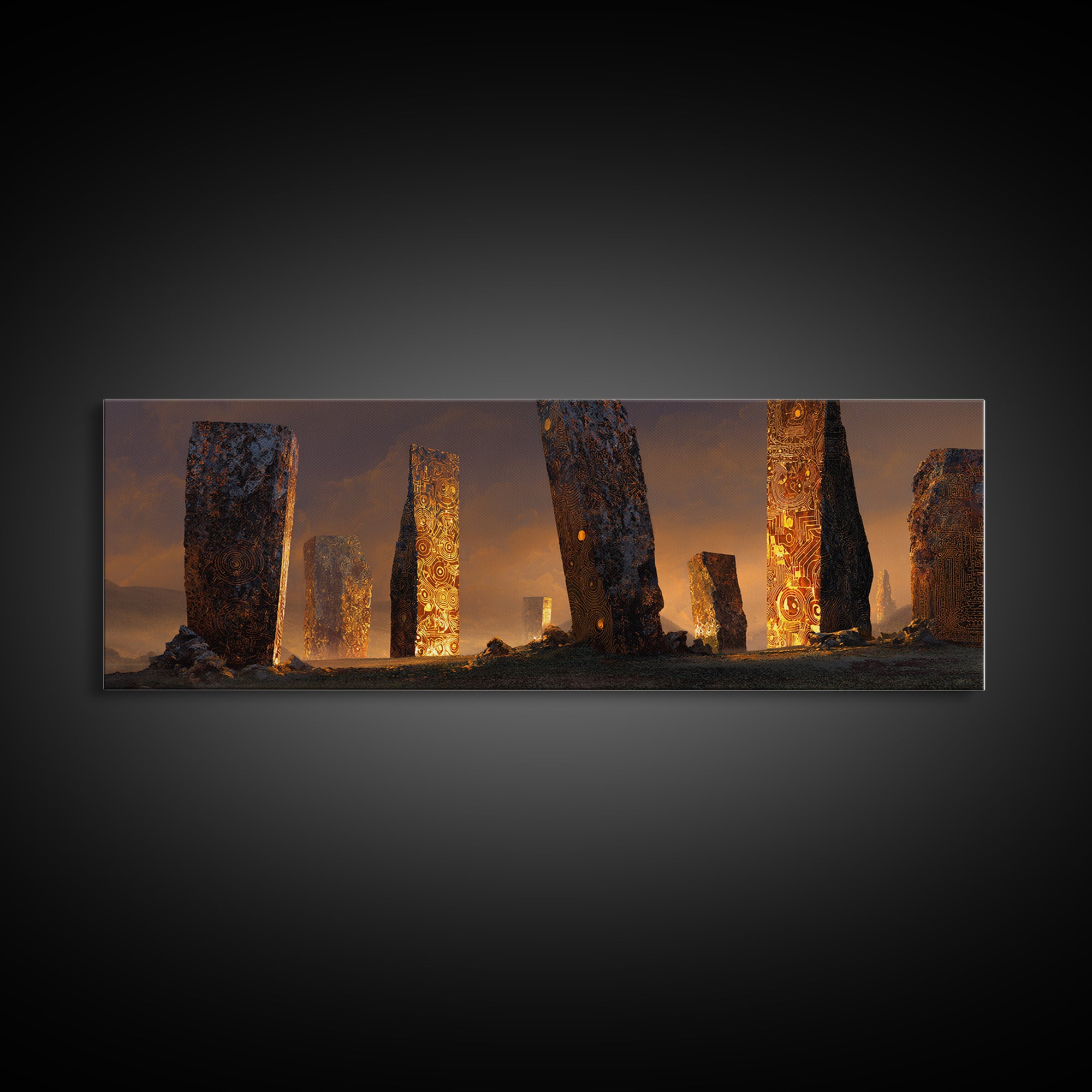 Glowing Ancient Monoliths In Desert Sunset Framed Canvas Print, Mystical Wall Art, Fantasy Ruins Decor, Large Wall Decor