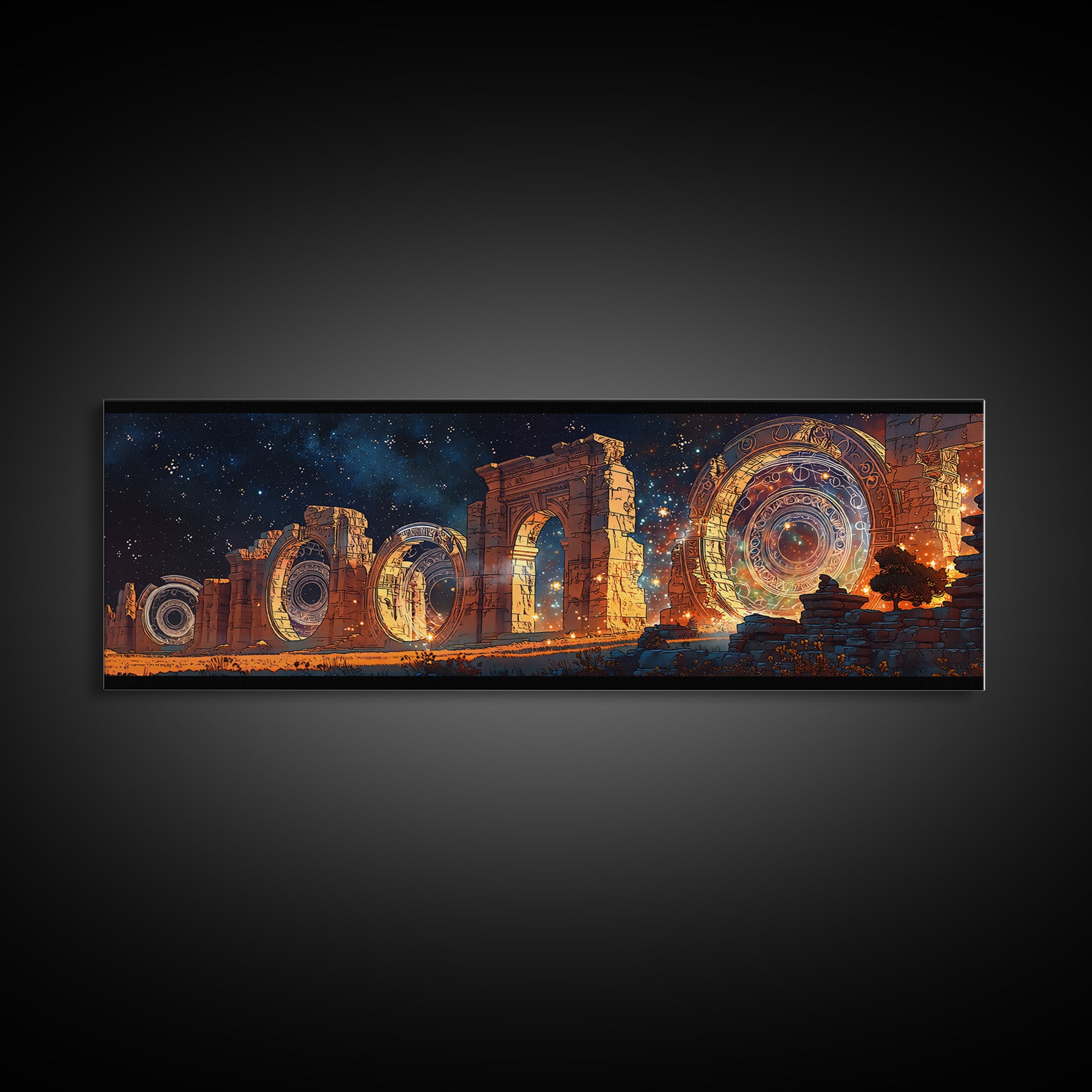 Starlit Ancient Arches With Cosmic Portals Framed Canvas Print, Mystical Wall Art, Galaxy Ruins Decor, Large Wall Art, Unique Home Decor