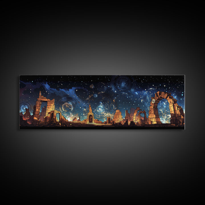 Starry Temple Ruins With Blue Gold Celestial Sky Wall Art, Framed Canvas Print, Mystical Decor, Large Statement Wall Decor