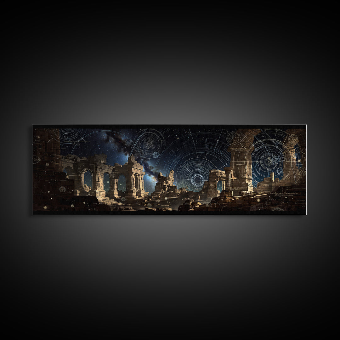 Dark Celestial Ruins With Ancient Arches Wall Art, Framed Canvas Print, Mystical Gothic Decor, Large Statement Wall Decor