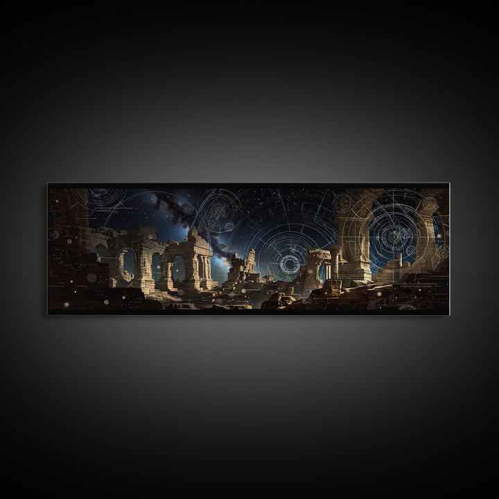 Dark Celestial Ruins With Ancient Arches Wall Art, Framed Canvas Print, Mystical Gothic Decor, Large Statement Wall Decor