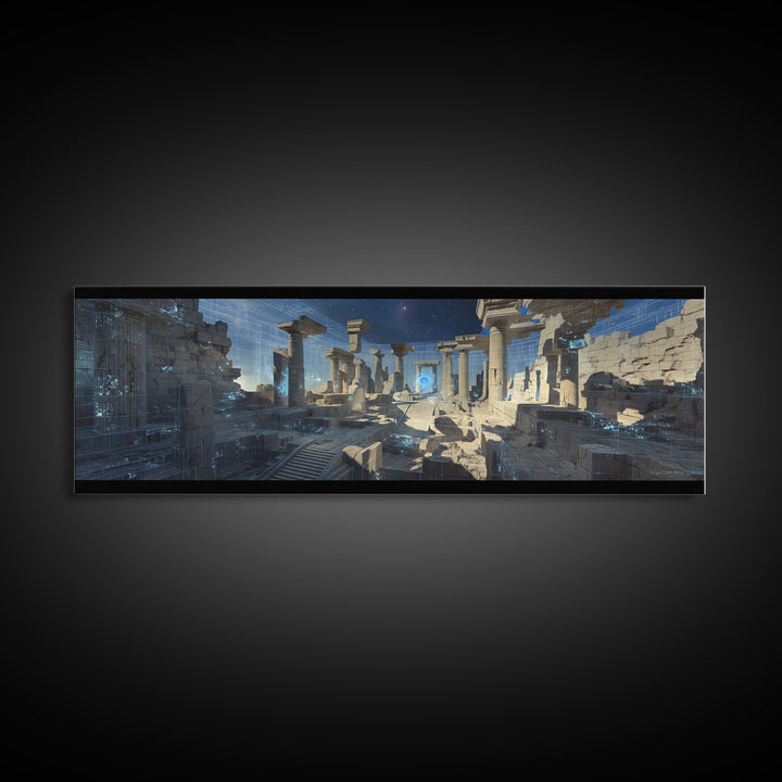 Blue Futuristic Column Ruins With Digital Grid Canvas Print, Modern Wall Art, Sci Fi Office Decor, Large Wall Decor, Unique Home Decor