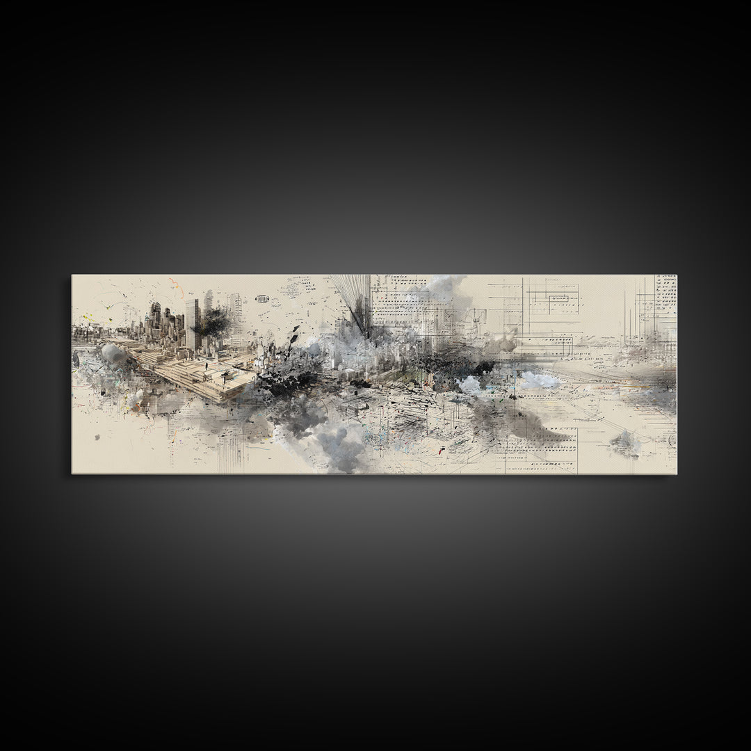 Modern Urban Skyline Wall Art, Abstract Architecture Drawing, Contemporary Office Decor, Neutral City Canvas Print Gift For Loft