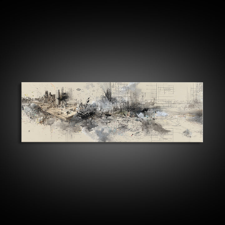 Modern Urban Skyline Wall Art, Abstract Architecture Drawing, Contemporary Office Decor, Neutral City Canvas Print Gift For Loft