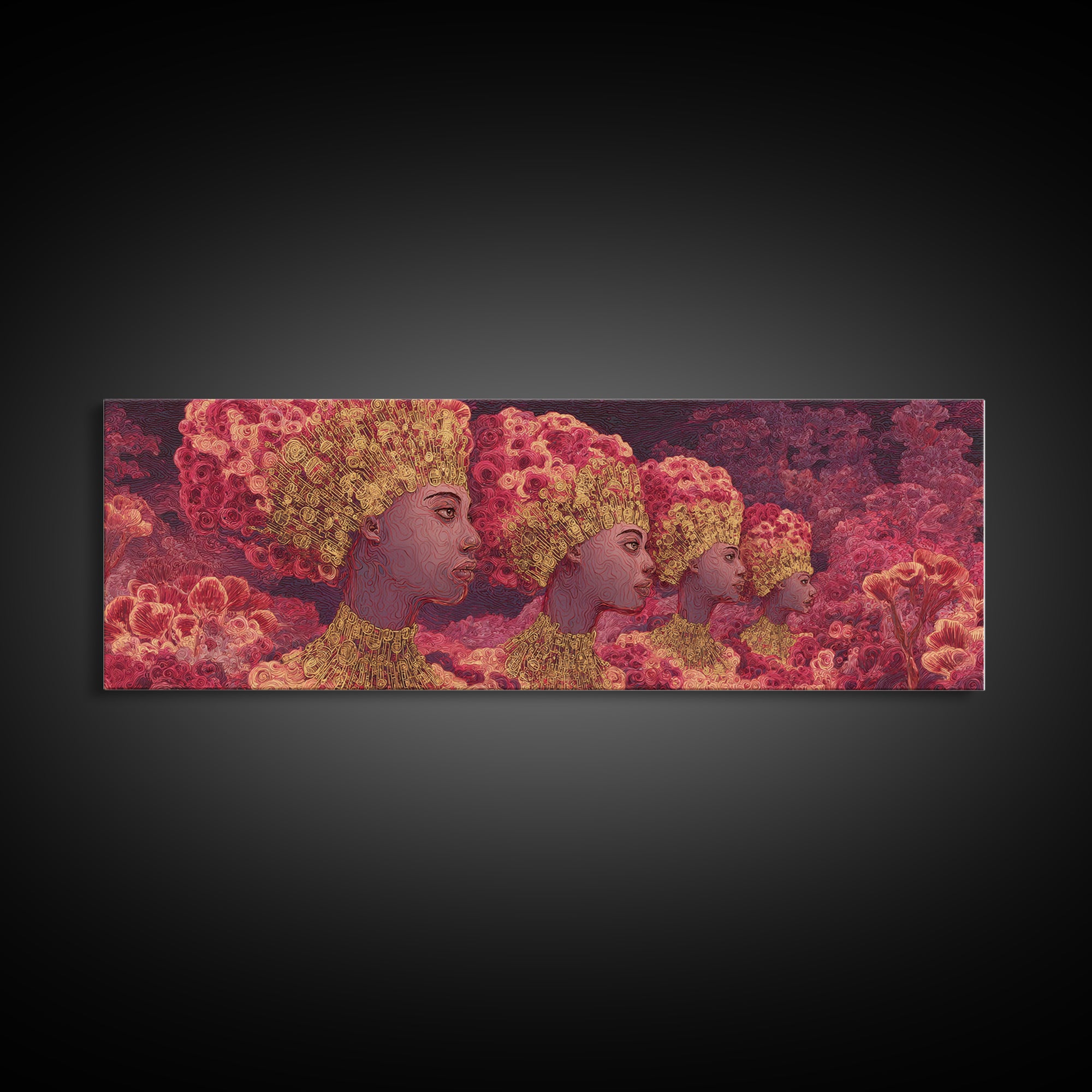 Pink Rose Garden Afro Women Portrait Wall Art, Floral Black Beauty Canvas Print, Feminine Afrocentric Decor, Melanin Gift For Her