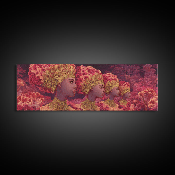 Pink Rose Garden Afro Women Portrait Wall Art, Floral Black Beauty Canvas Print, Feminine Afrocentric Decor, Melanin Gift For Her