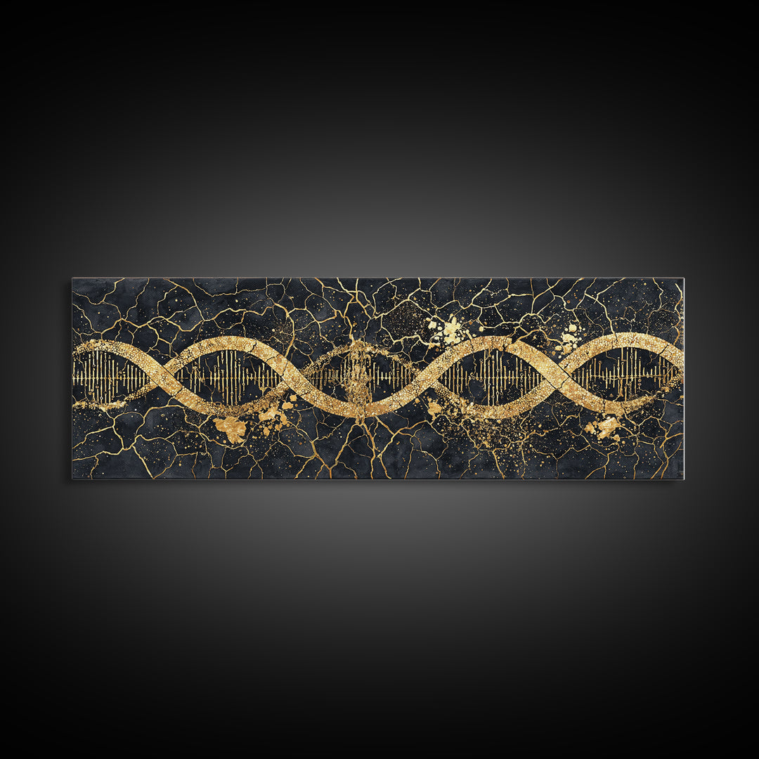 Gold DNA Helix Wall Art, Abstract Luxury Science Canvas Print, Black And Gold Design, Modern Office Decor For Biology Gift