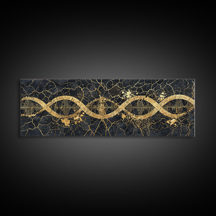 Gold DNA Helix Wall Art, Abstract Luxury Science Canvas Print, Black And Gold Design, Modern Office Decor For Biology Gift