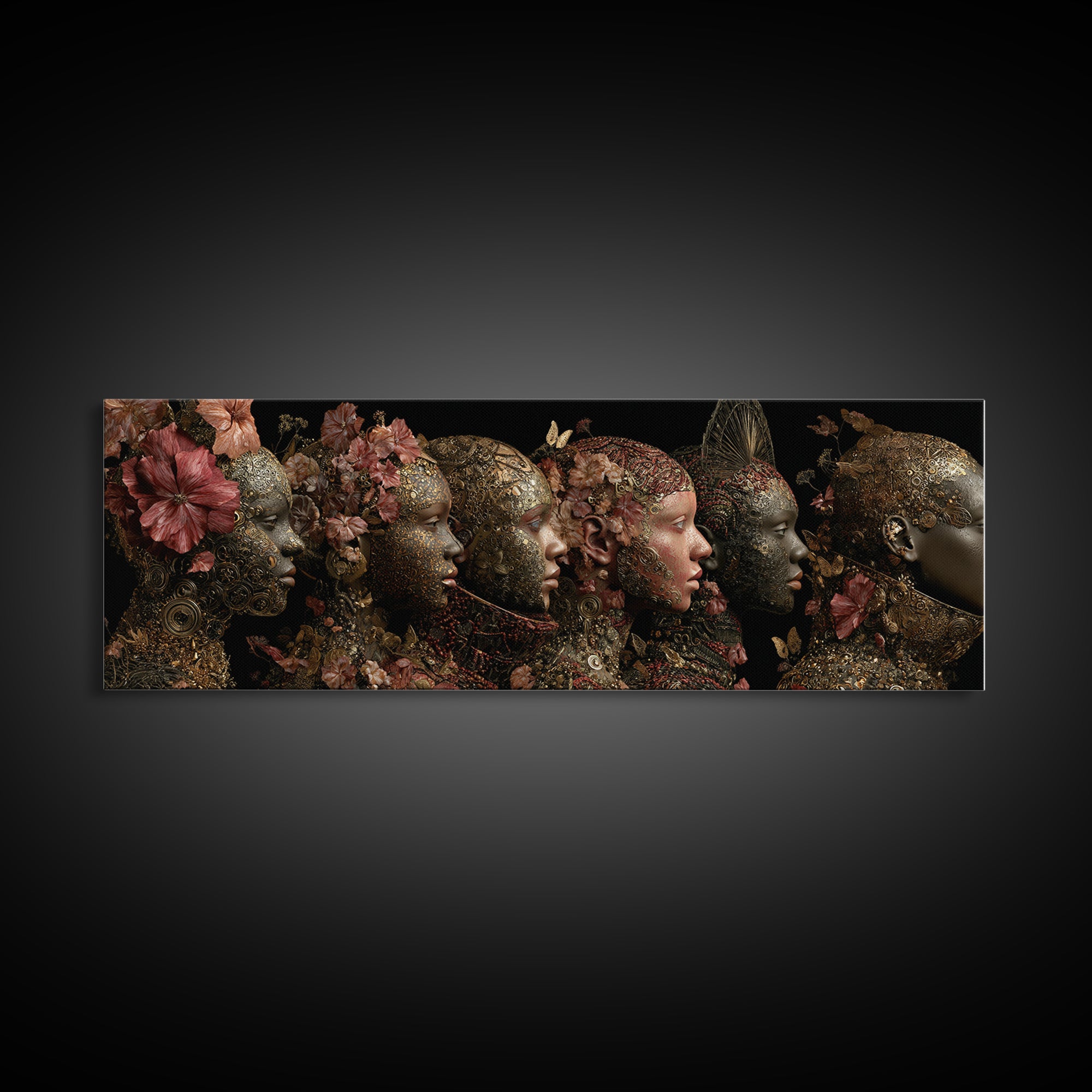 Black Goddess Floral Portrait Wall Art, Elegant Women Canvas Print, Afrocentric Luxury Decor, Dark Botanical Gift For Her