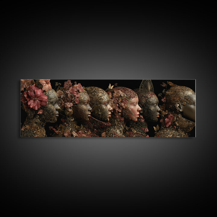 Black Goddess Floral Portrait Wall Art, Elegant Women Canvas Print, Afrocentric Luxury Decor, Dark Botanical Gift For Her