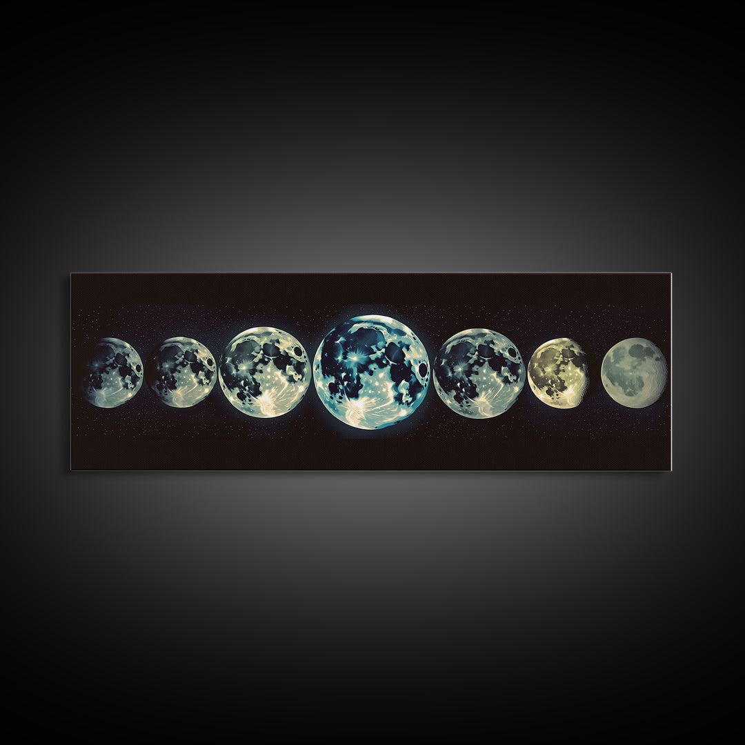 Glowing Moon Phases Canvas Print, Celestial Wall Art, Black Art Print, Dreamy Wall Art, Bedroom Wall Decor, Unique Gift, Poster