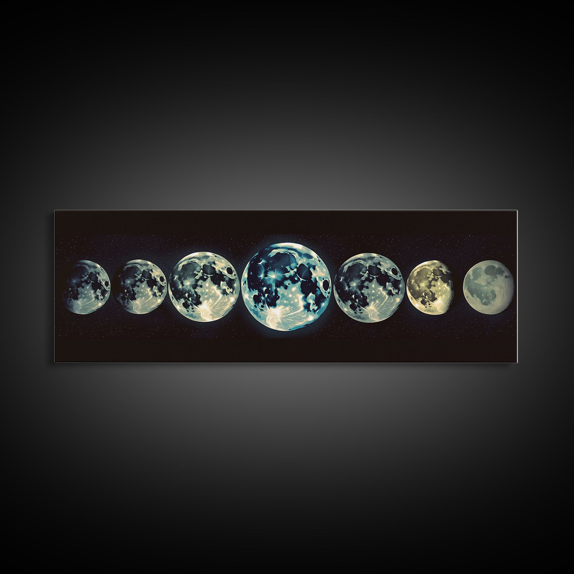 Glowing Moon Phases Canvas Print, Celestial Wall Art, Black Art Print, Dreamy Wall Art, Bedroom Wall Decor, Unique Gift, Poster