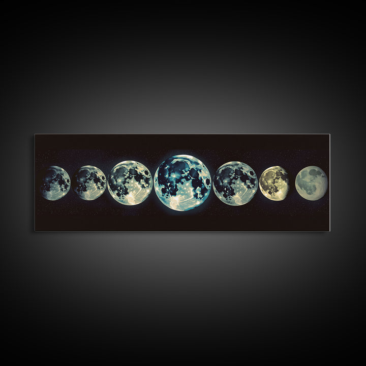 Glowing Moon Phases Canvas Print, Celestial Wall Art, Black Art Print, Dreamy Wall Art, Bedroom Wall Decor, Unique Gift, Poster
