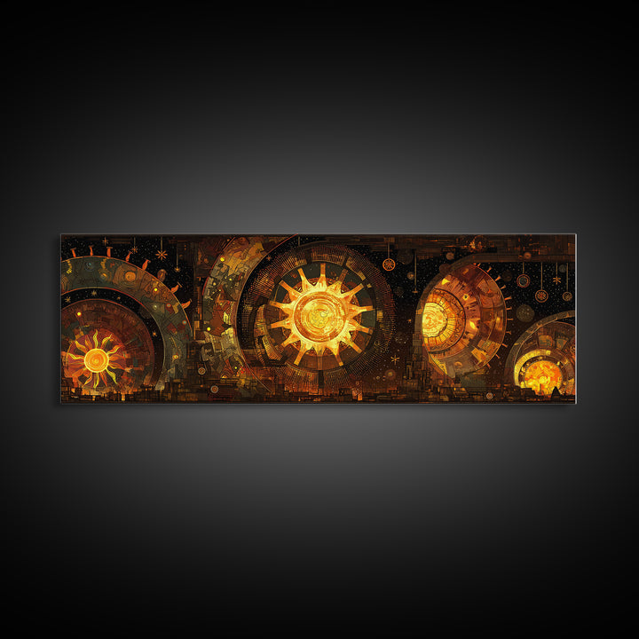 Golden Celestial Clockwork Suns Wall Art, Afrofuturism Decor, African Inspired Abstract, Luxury Canvas For Living Room Decor