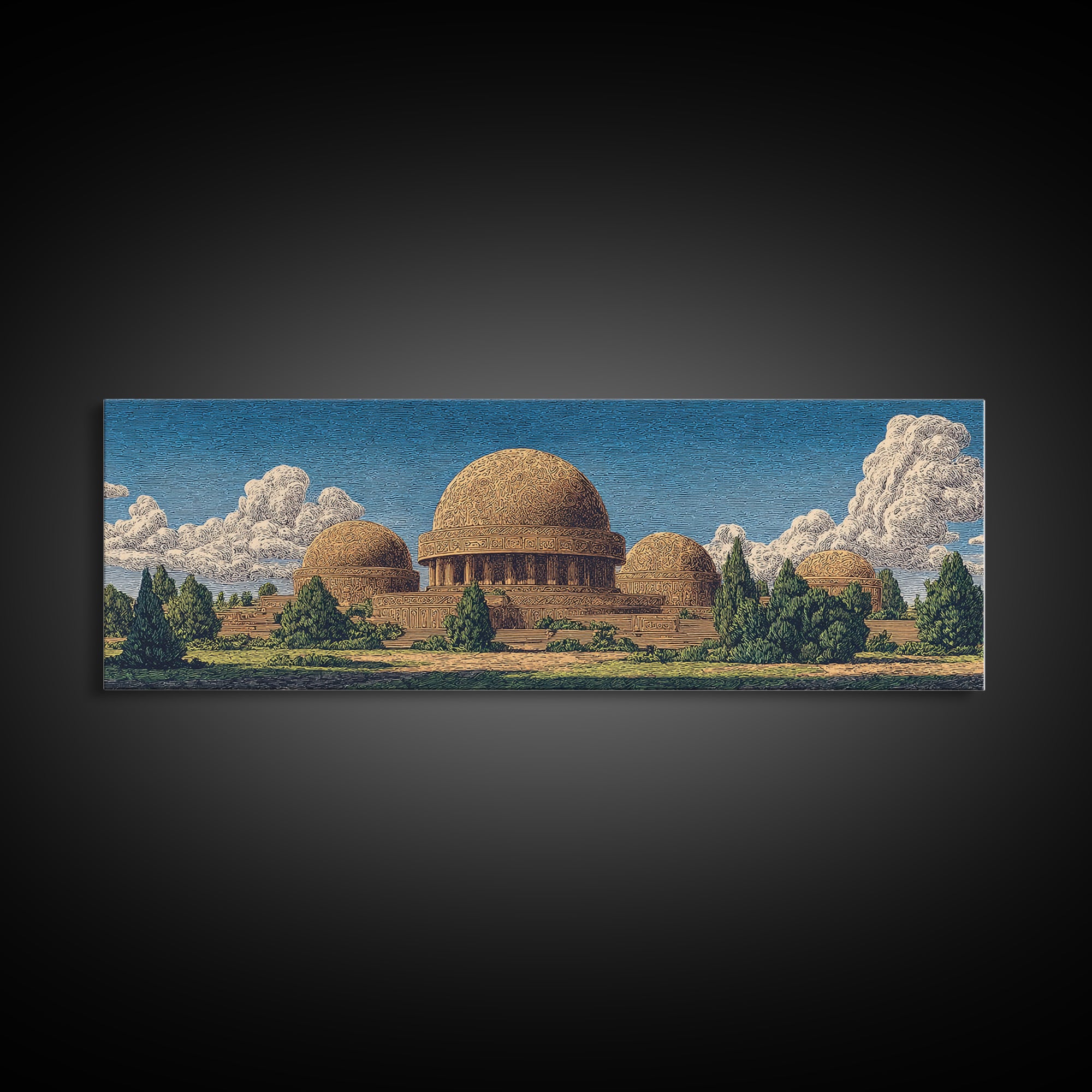 Afrofuturist Domed Village Mountains Wall Art, African Inspired Architecture Canvas Print, Teal Landscape Home Decor Gift