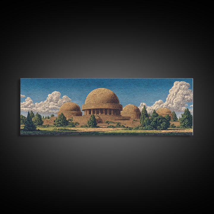 Afrofuturist Domed Village Mountains Wall Art, African Inspired Architecture Canvas Print, Teal Landscape Home Decor Gift
