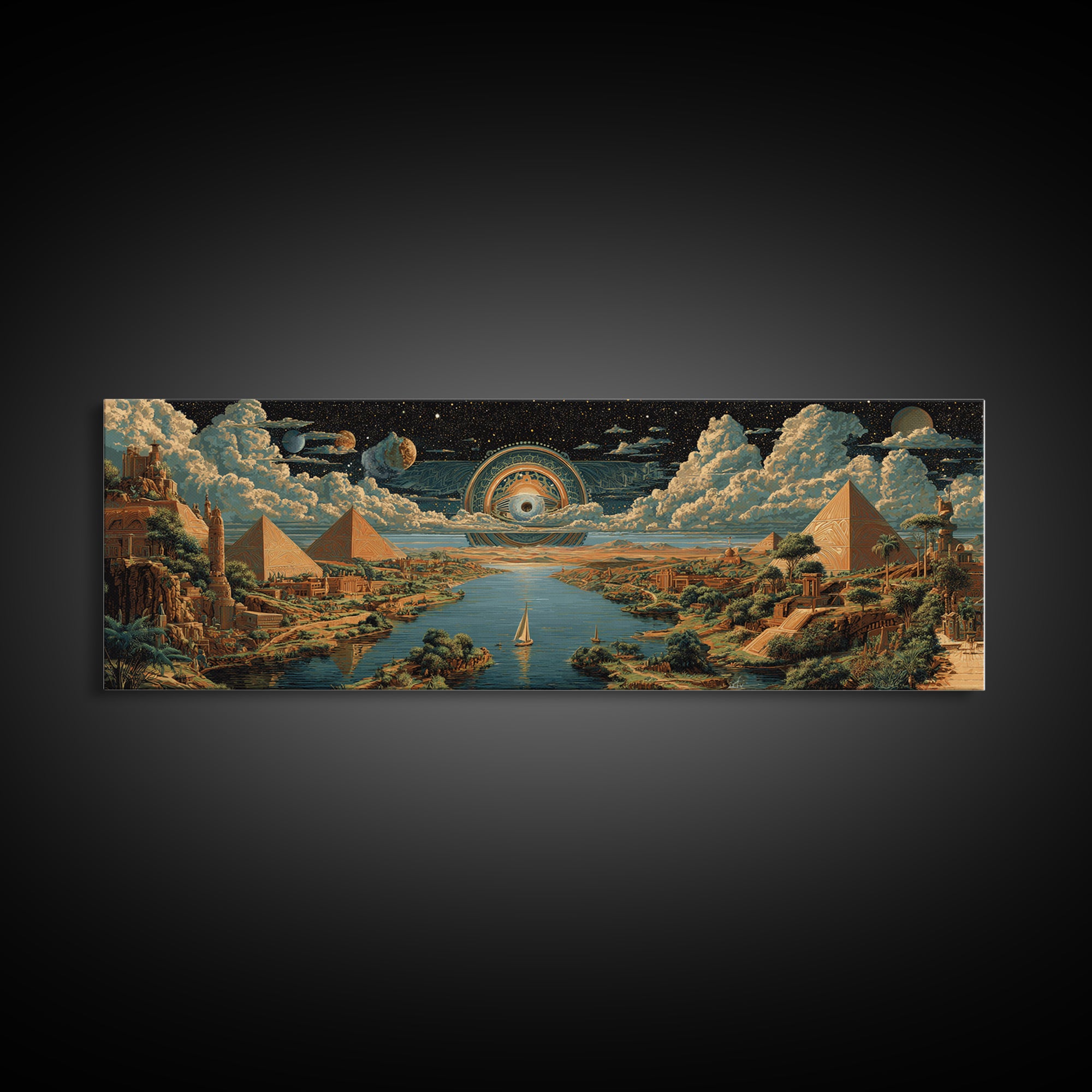 Surreal Egyptian Pyramids And Cosmic Eye Canvas Print African Landscape Art Ancient Egypt Wall Decor Mystical Travel Poster