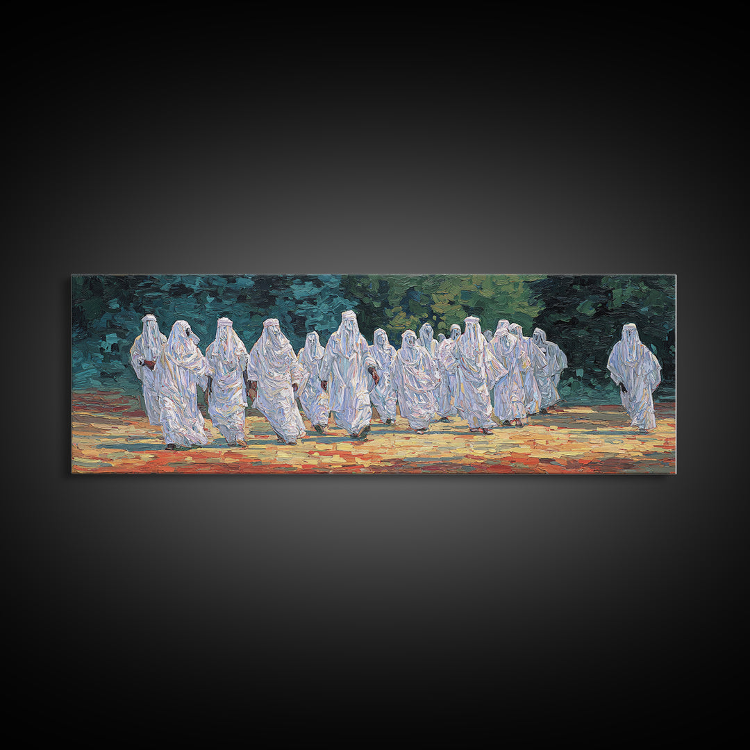 White Robed Desert Procession Wall Art African Painting Spiritual Wall Decor Textured Canvas Art Cultural Landscape Print